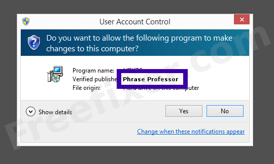 Screenshot where Phrase Professor appears as the verified publisher in the UAC dialog